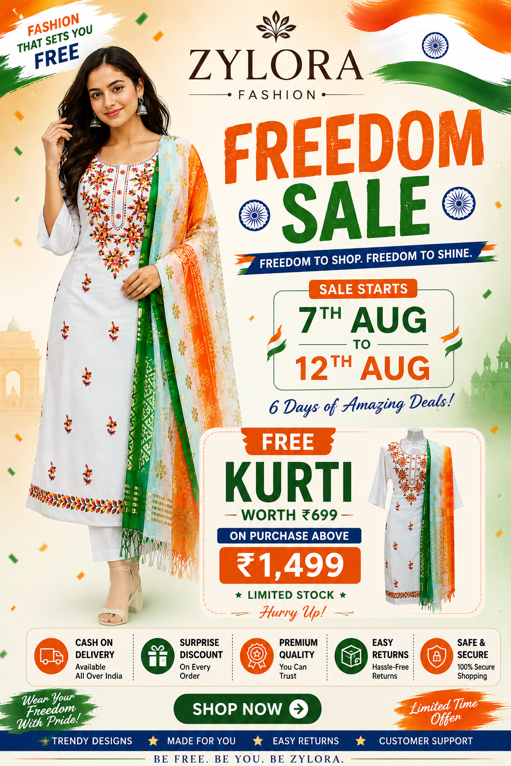 ๐ Freedom Sale Offer: Get this Premium Cotton Kurti FREE on shopping above โน1,499 (Limited Time Offer).