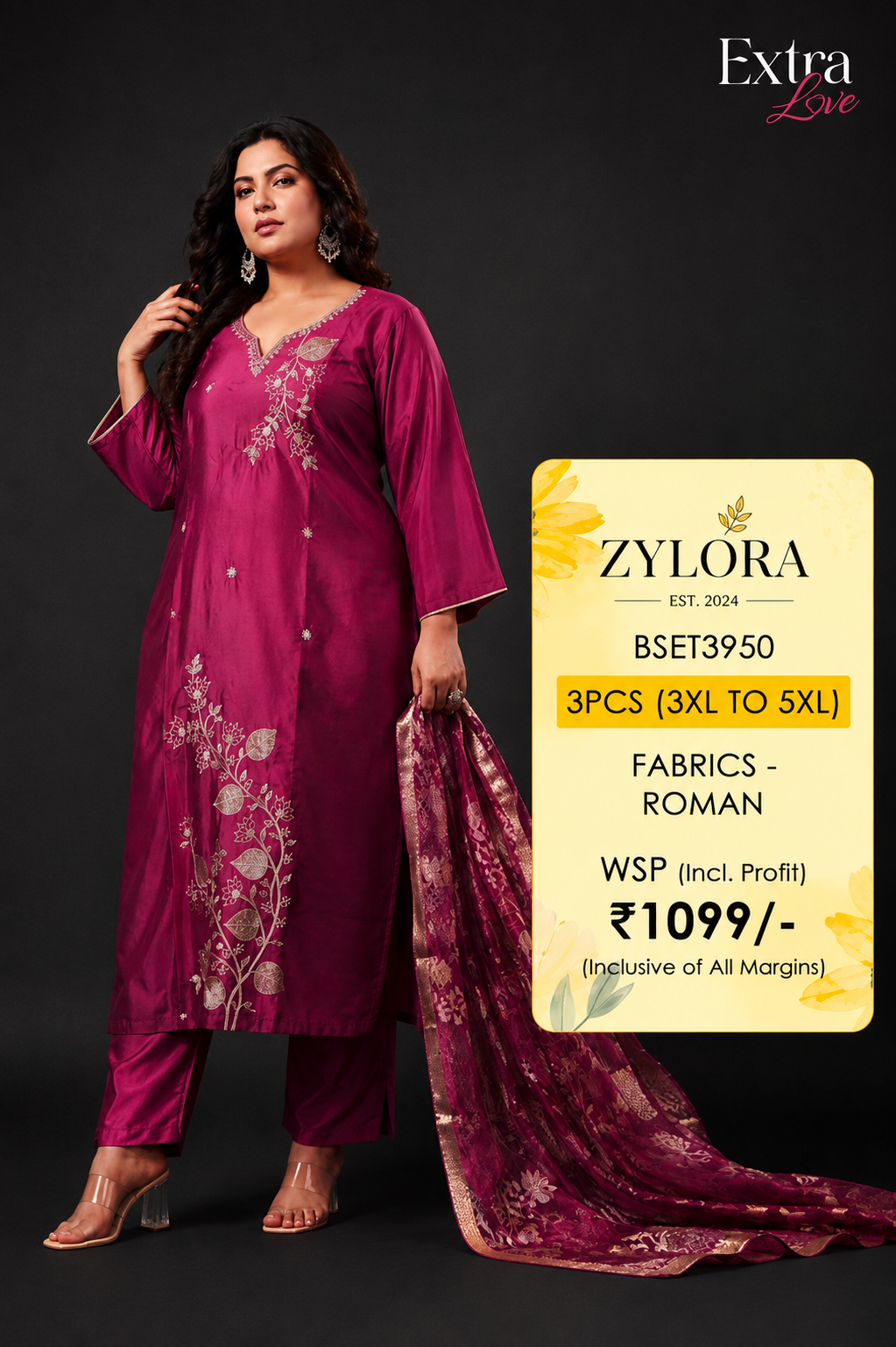 Zylora Women's Plus Size Embroidered Kurta Set with Dupatta Rose pink