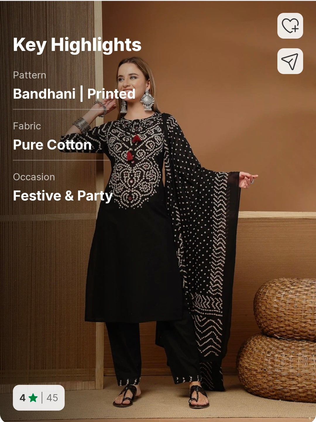 Black Bandhani Printed Pure Cotton Kurta Pant Dupatta Set by Stylum