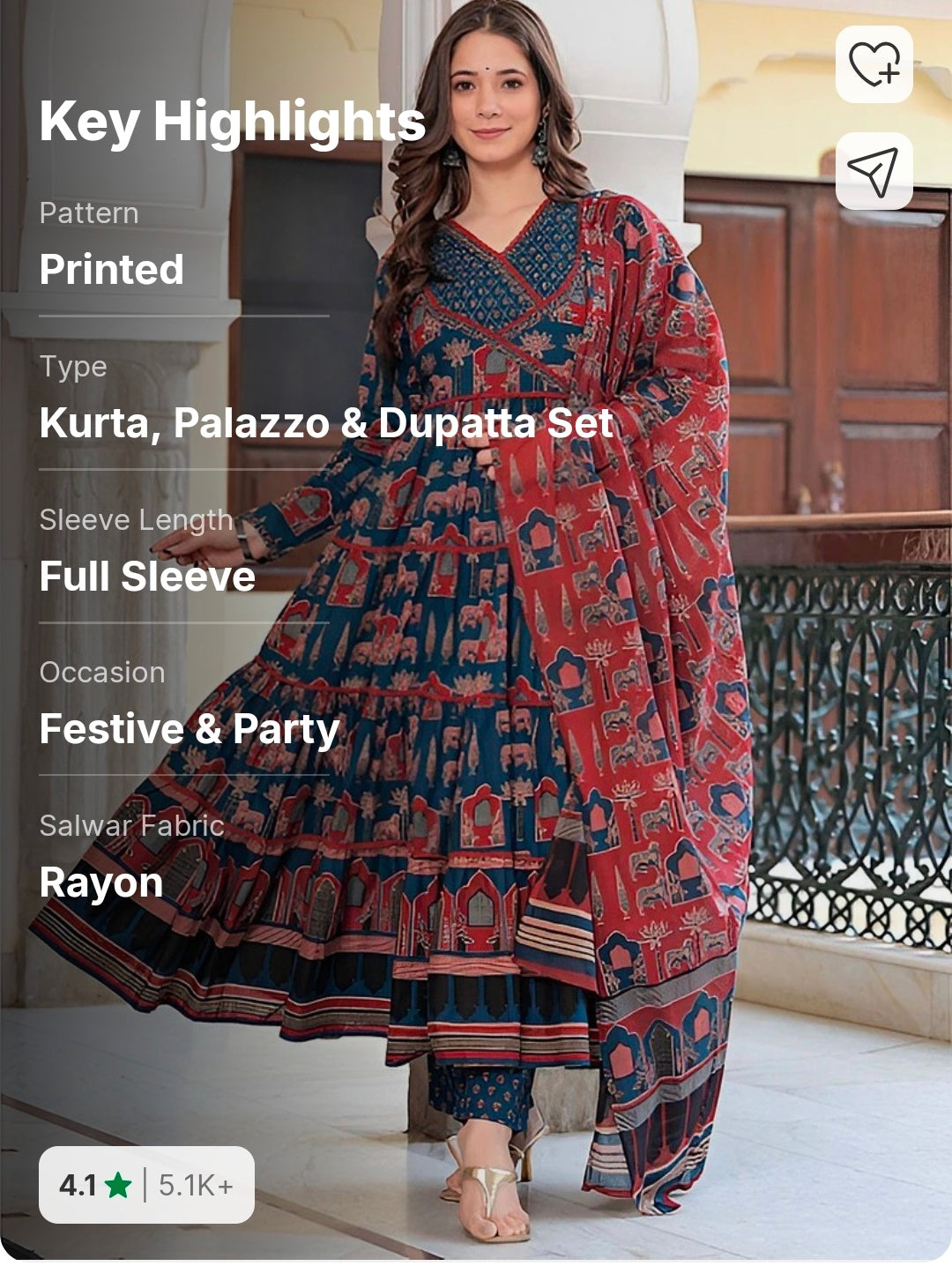 Jaipuri Print Angrakha Pattern Anarkali Kurta Pant with Dupatta for Women