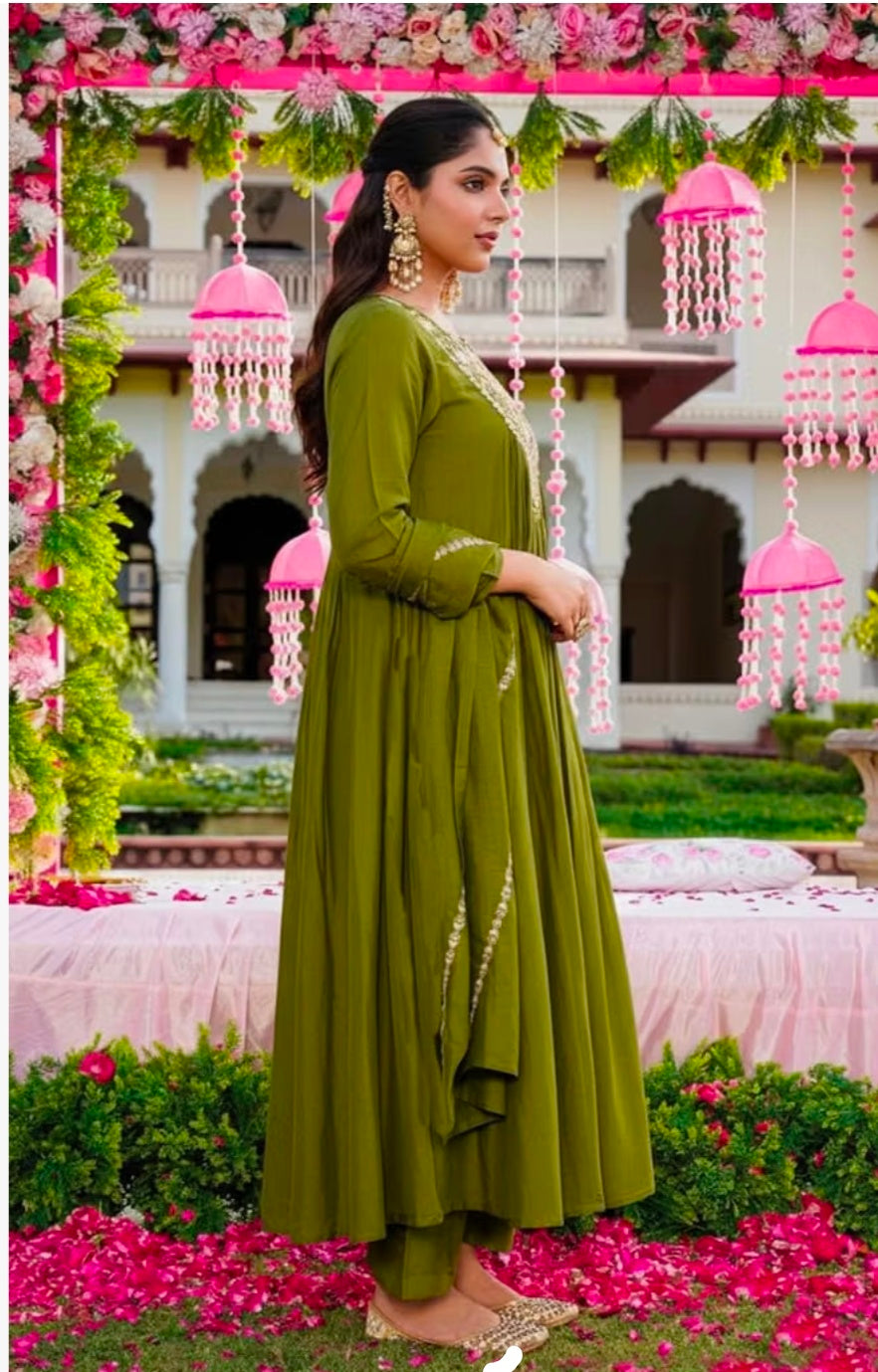 Embroidery Solid Anarkali Kurta and Pant Set with Dupatta