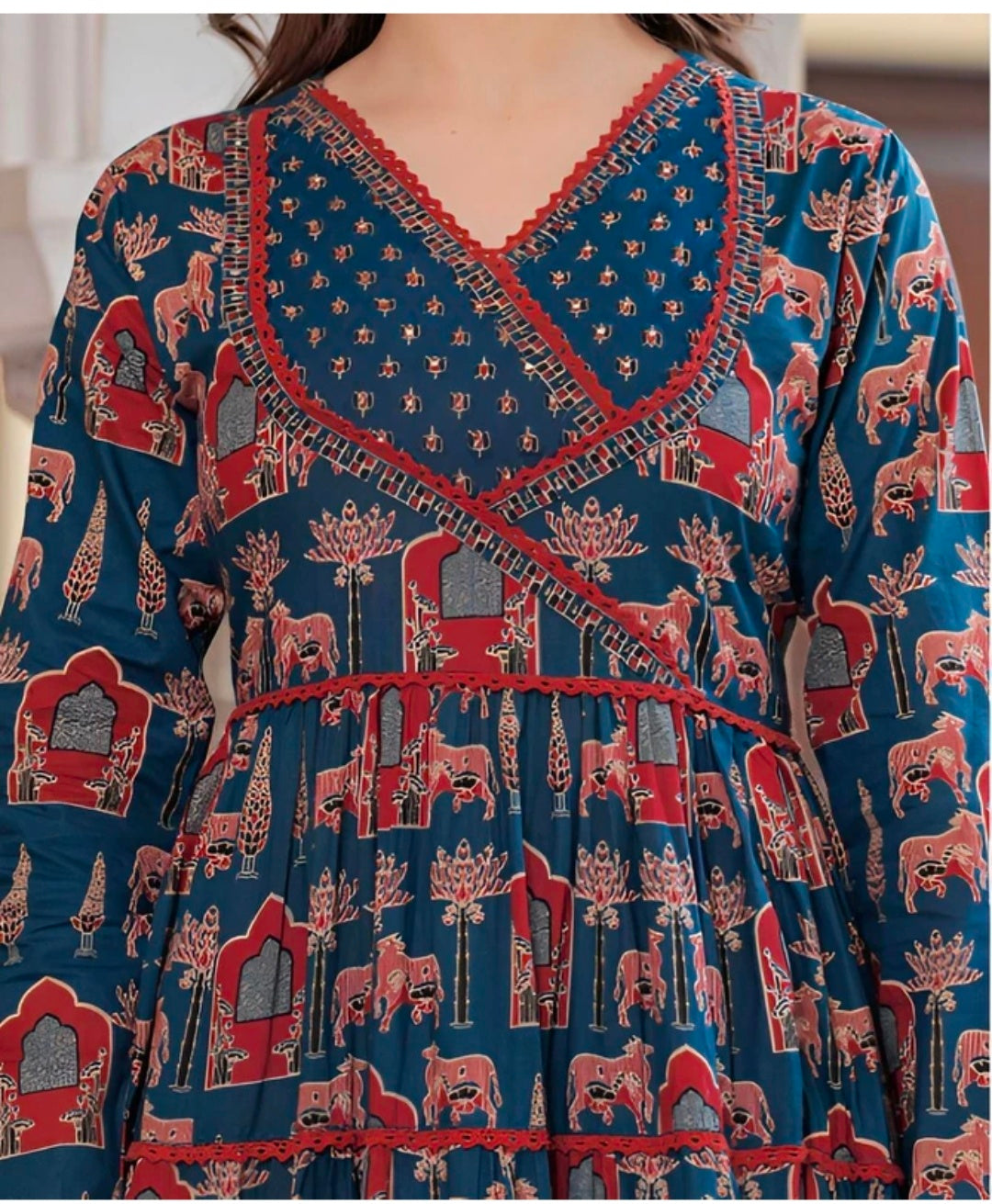Jaipuri Print Angrakha Pattern Anarkali Kurta Pant with Dupatta for Women