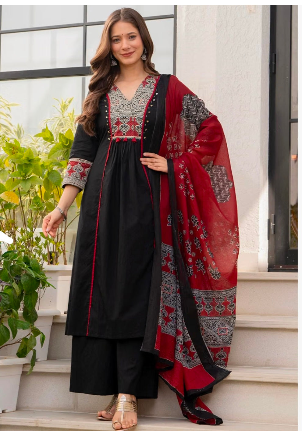 Pure Cotton A-Line Kurta Set with Palazzo Pants & Dupatta
