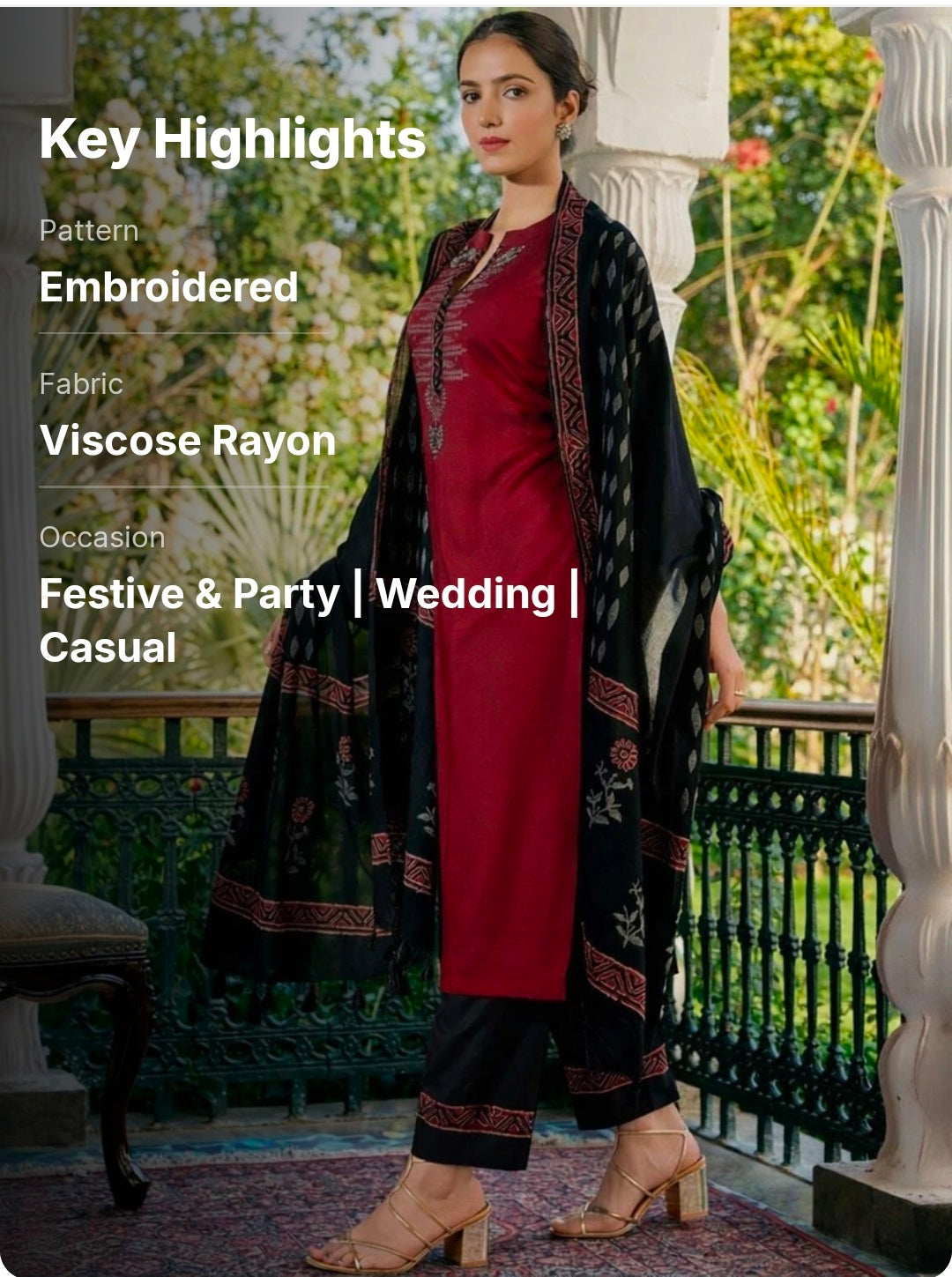 Jaipuri Bunaai Maroon Black Embroidered Viscose Rayon Kurta Palazzo Dupatta Set