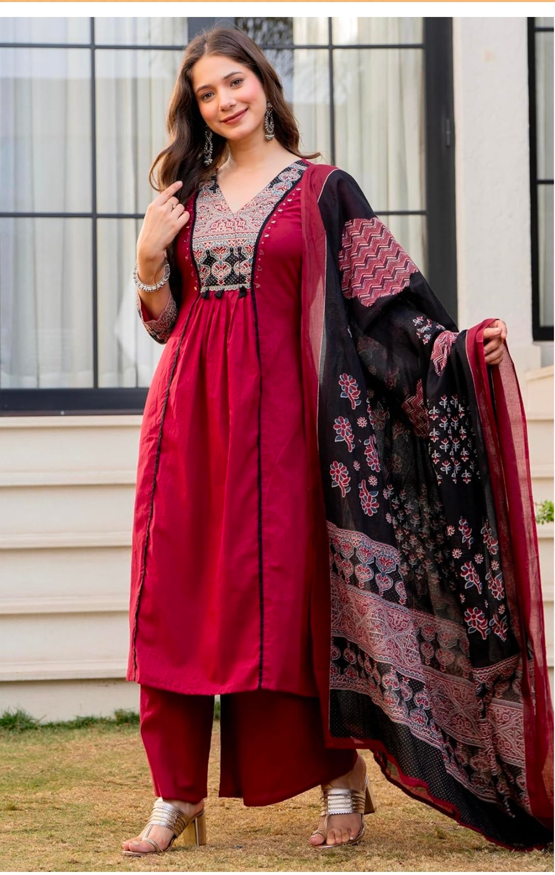 Pure Cotton A-Line Kurta Set with Palazzo Pants & Dupatta