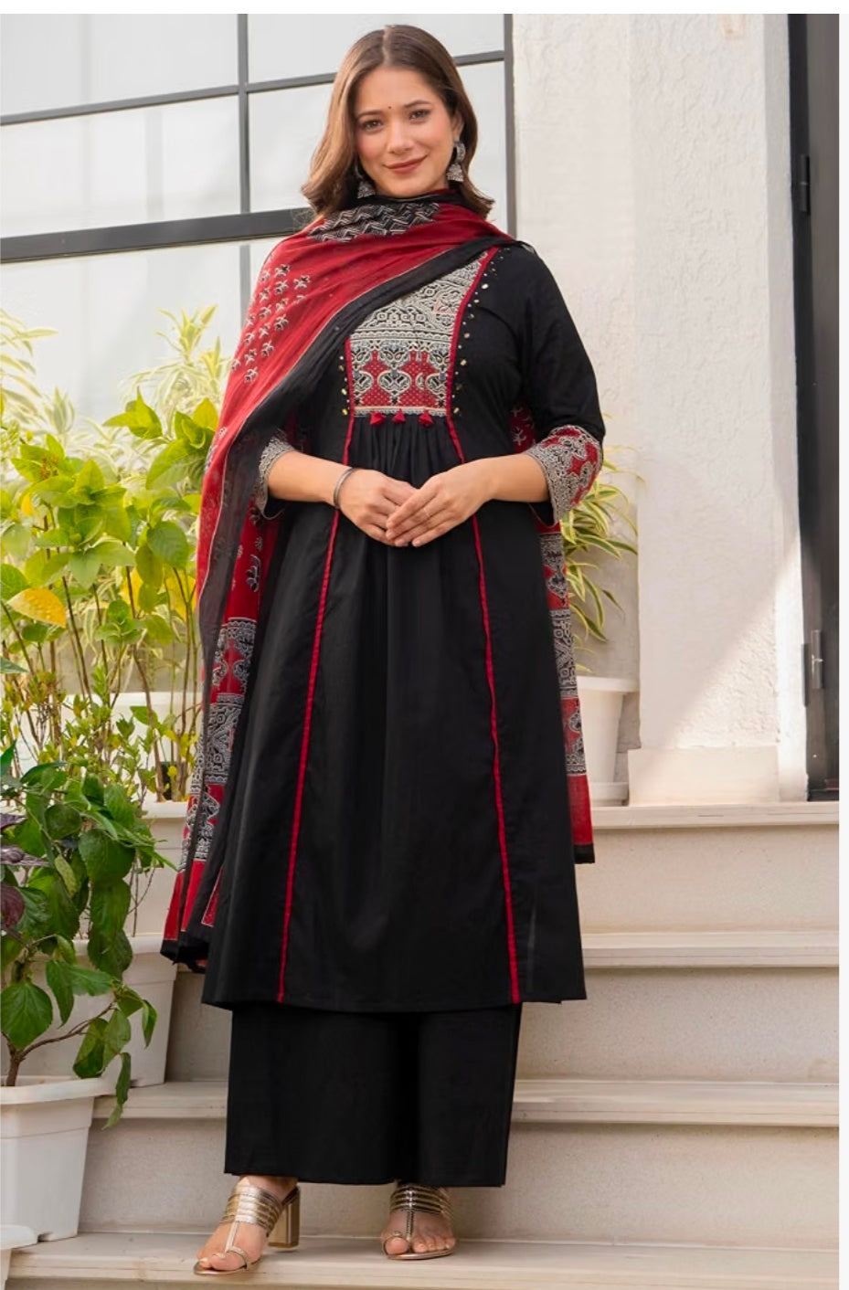 Pure Cotton A-Line Kurta Set with Palazzo Pants & Dupatta
