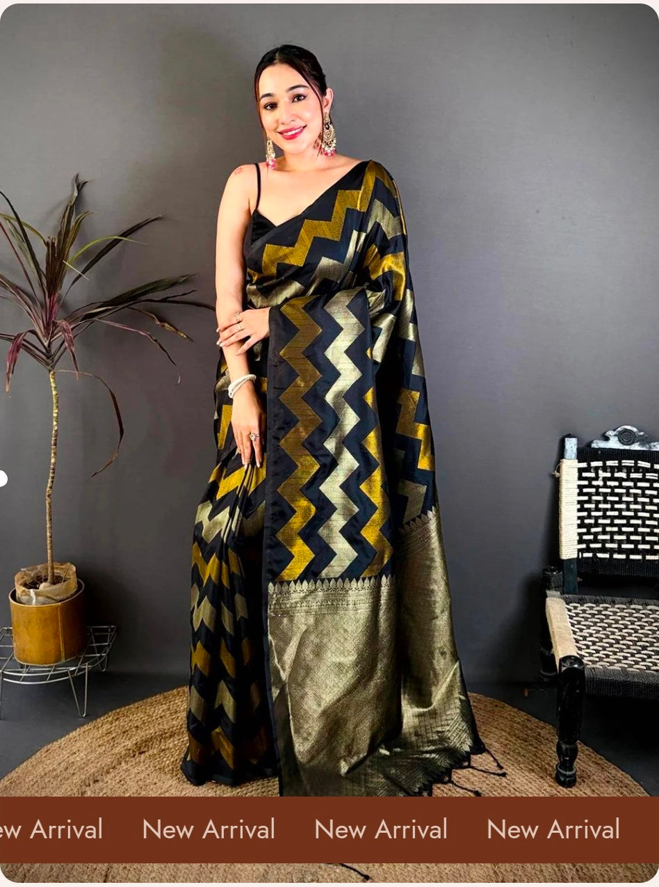 Black Silk Geometric Zigzag Zari