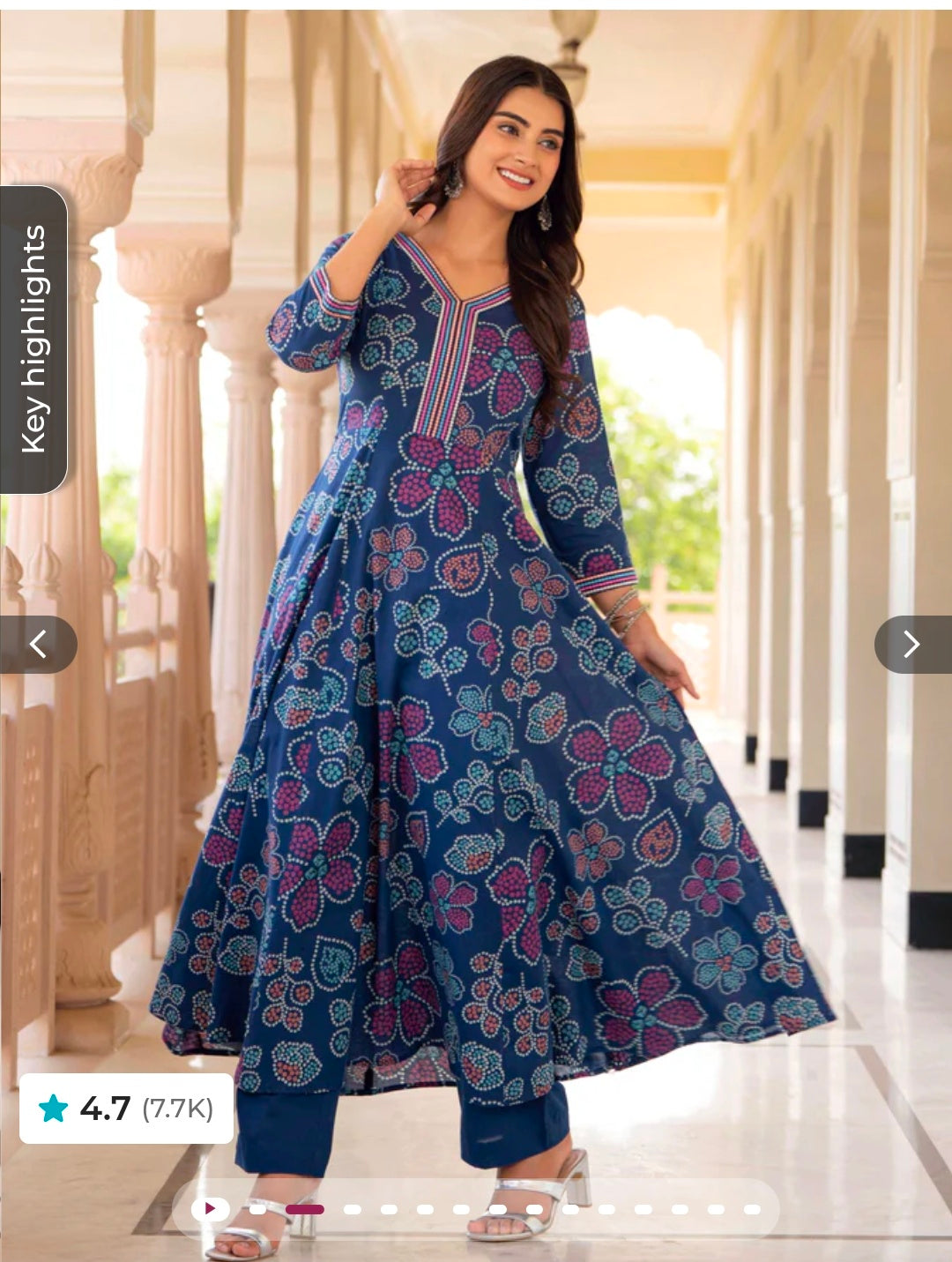 Blue Floral Soft Cotton Anarkali Kurta with Straight Trouser Set