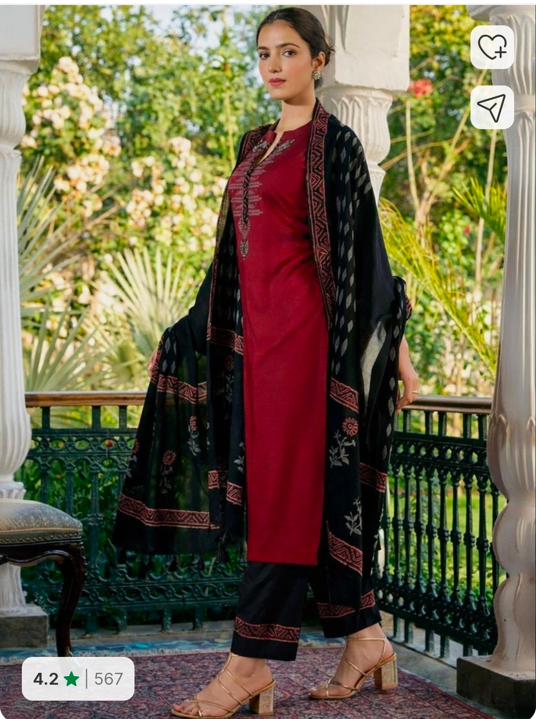 Jaipuri Bunaai Maroon Black Embroidered Viscose Rayon Kurta Palazzo Dupatta Set