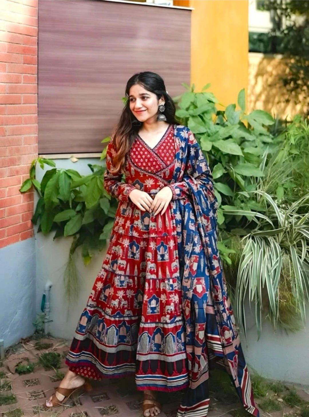 Jaipuri Print Angrakha Pattern Anarkali Kurta Pant with Dupatta for Women