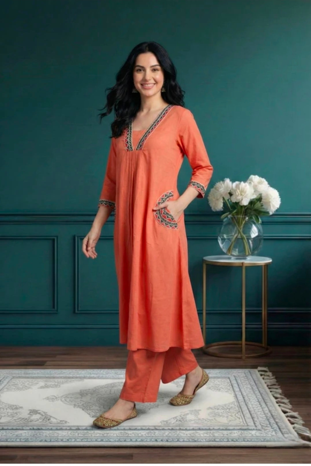 Embroidered Khadi Cotton Kurta Pant Set