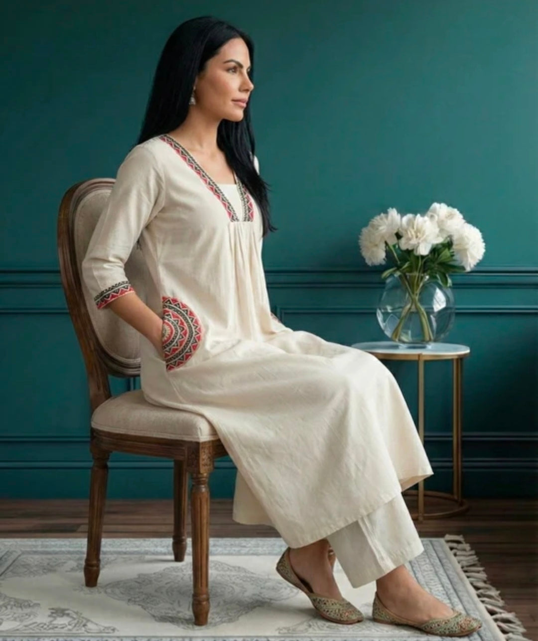 Embroidered Khadi Cotton Kurta Pant Set