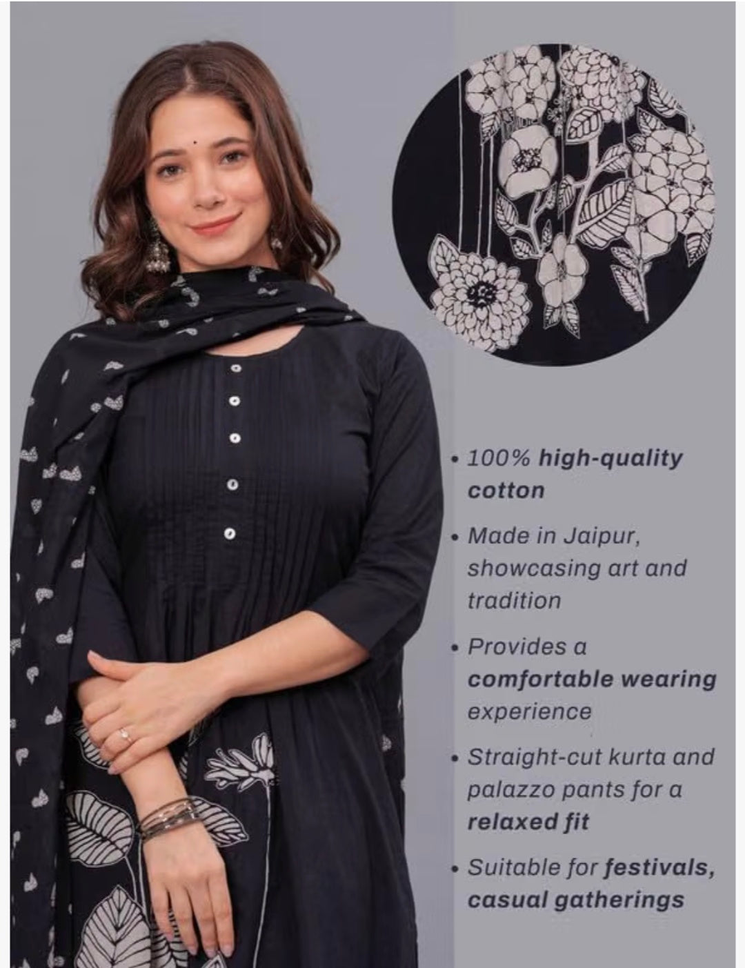 Pure Cotton Printed Kurta Set with Palazzo Pants & Dupatta