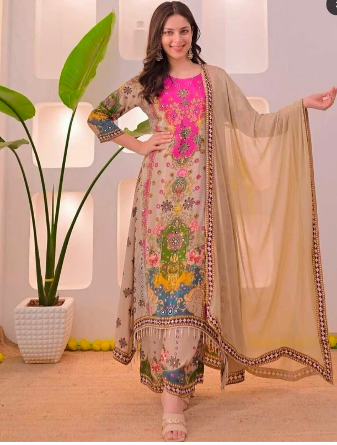 Multicolor Embroidered Viscose Kurti Palazzo Dupatta Set | Style Code 20177 CREAM M | 3 Piece Festive Wear`-