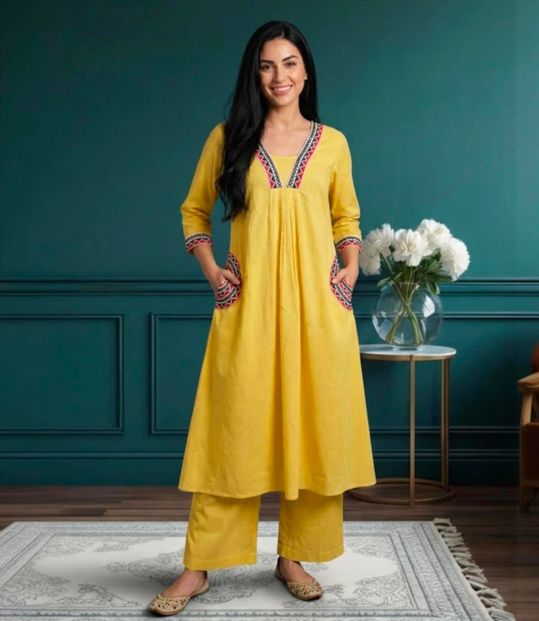 Embroidered Khadi Cotton Kurta Pant Set