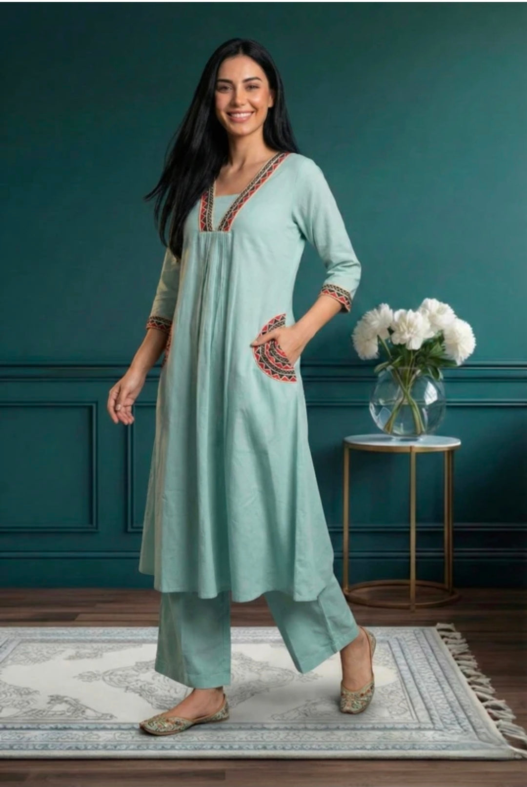 Embroidered Khadi Cotton Kurta Pant Set