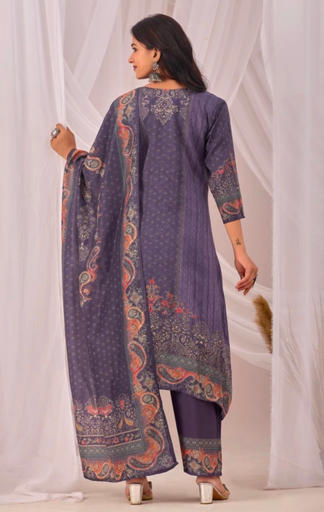 Purple Muslin Pant | Self Design Ethnic Bottom
