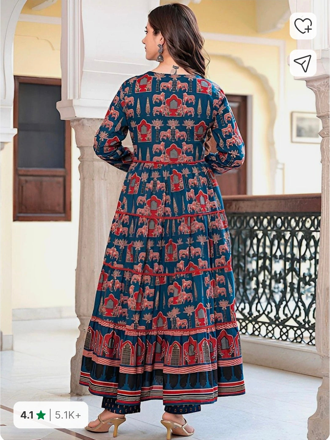 Jaipuri Print Angrakha Pattern Anarkali Kurta Pant with Dupatta for Women
