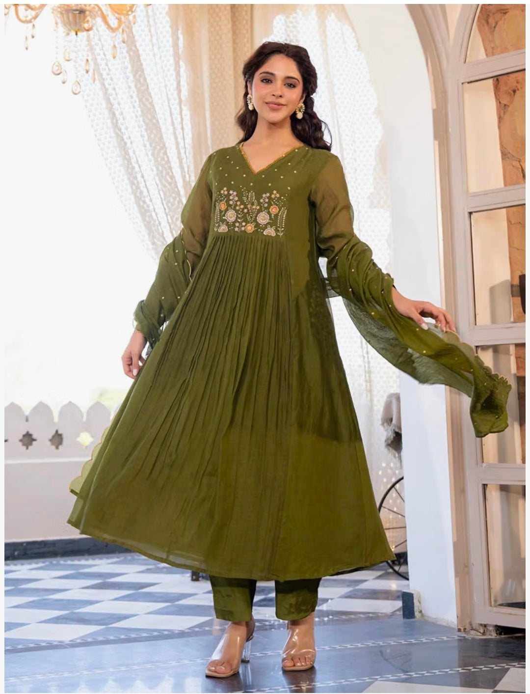 Embroidery Solid Anarkali Kurta Pant Set& Dupatta