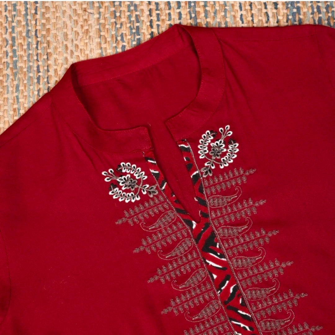 Jaipuri Bunaai Maroon Black Embroidered Viscose Rayon Kurta Palazzo Dupatta Set