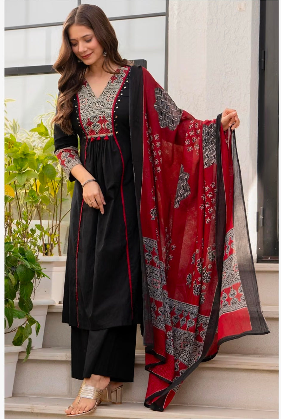 Pure Cotton A-Line Kurta Set with Palazzo Pants & Dupatta