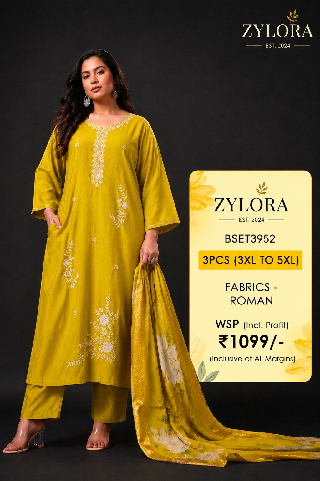 Zylora Women's Plus Size Embroidered Kurta Set with Dupatta
