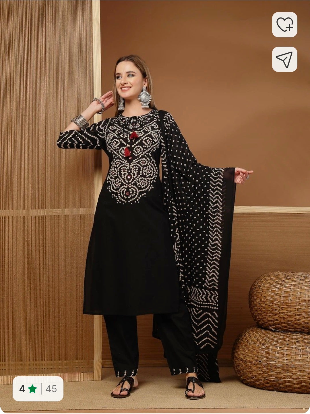 Black Bandhani Printed Pure Cotton Kurta Pant Dupatta Set by Stylum
