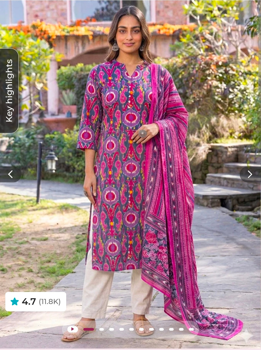 Soft Cotton Ikat Straight Multicolor Kurta, Tapered Trousers & Dupatta