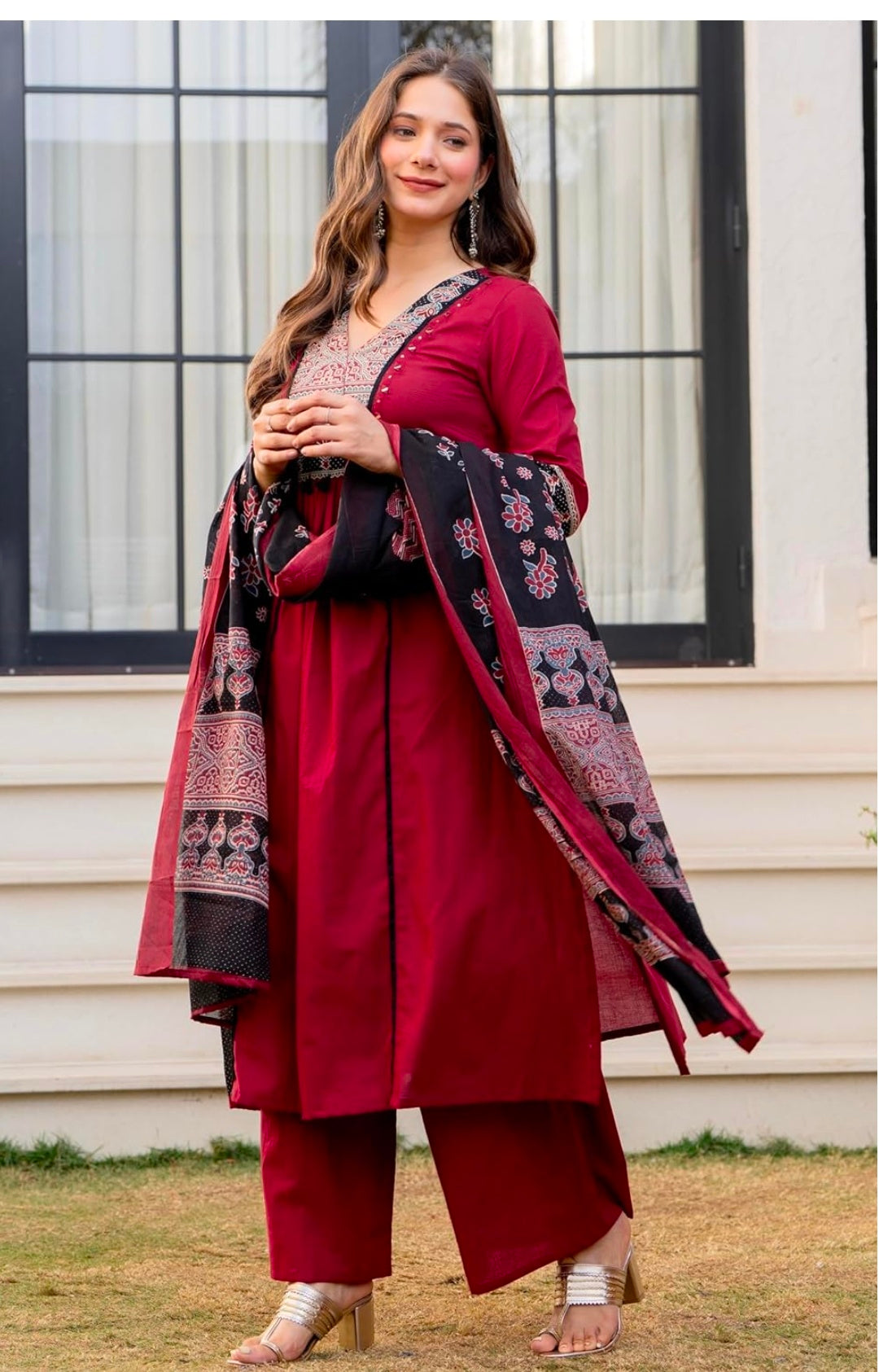 Pure Cotton A-Line Kurta Set with Palazzo Pants & Dupatta