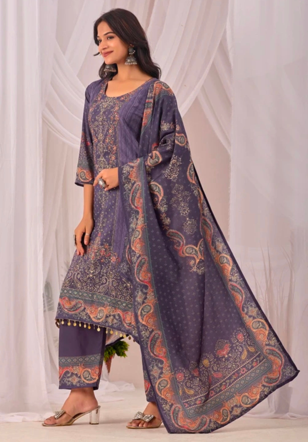 Purple Muslin Pant | Self Design Ethnic Bottom