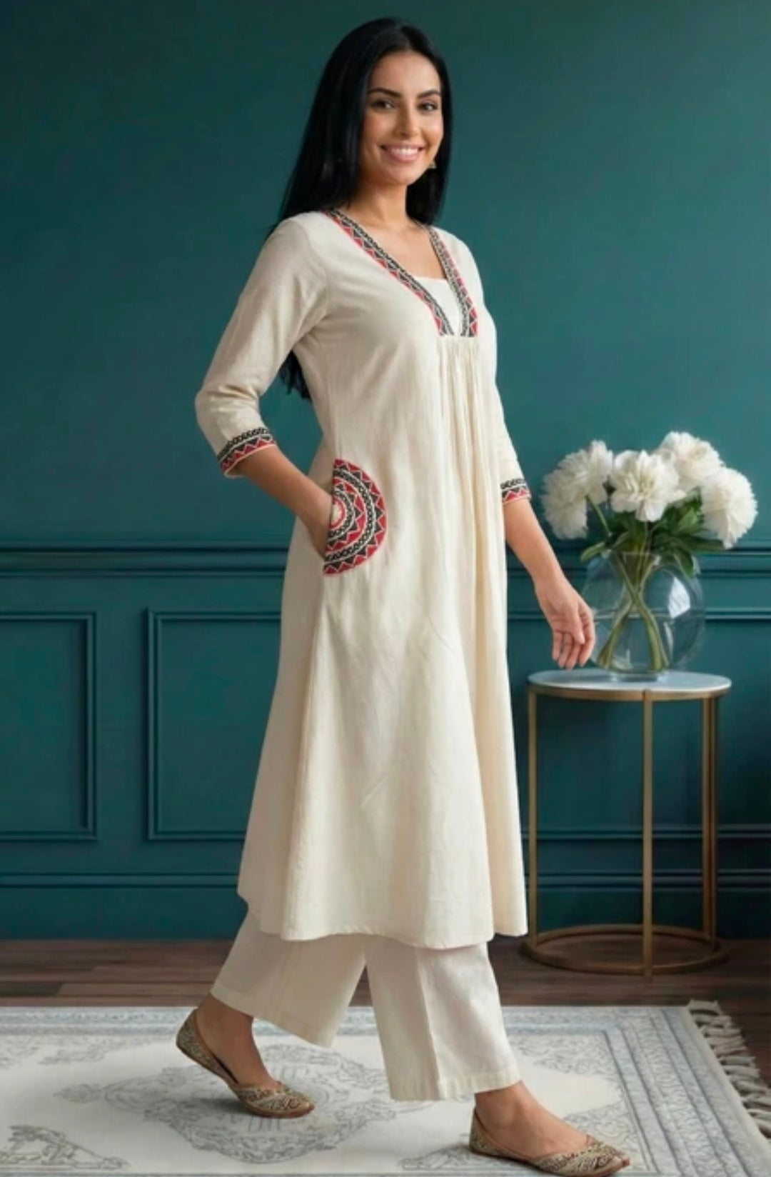 Embroidered Khadi Cotton Kurta Pant Set