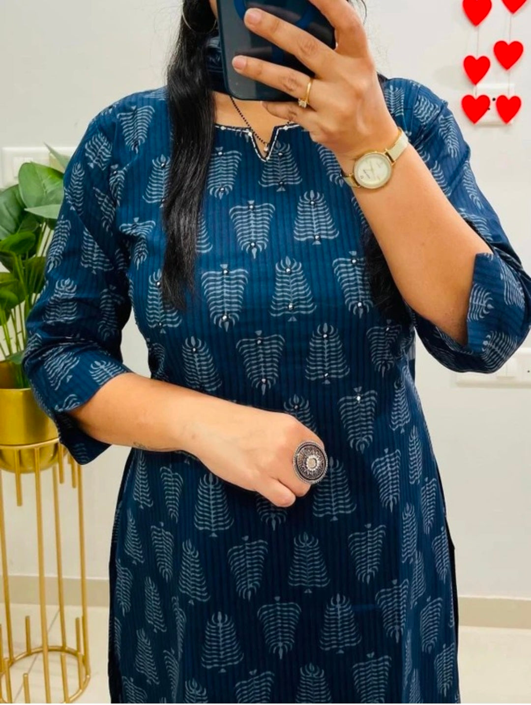 Cotton Blend Dark Blue Printed Kurti Pant Dupatta Set