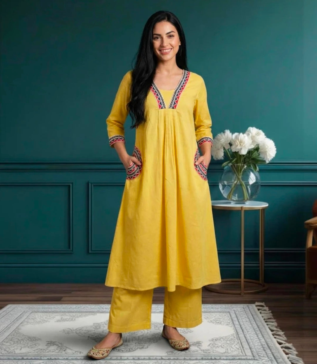 Embroidered Khadi Cotton Kurta Pant Set