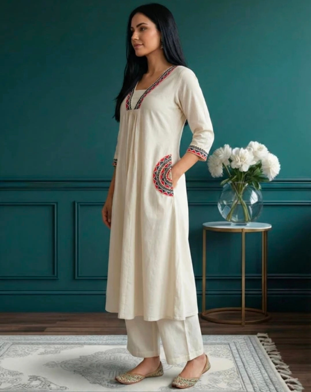 Embroidered Khadi Cotton Kurta Pant Set