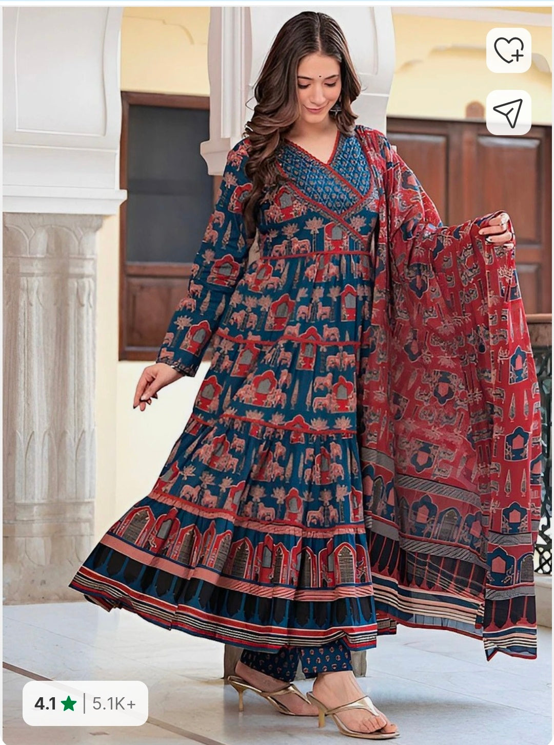 Jaipuri Print Angrakha Pattern Anarkali Kurta Pant with Dupatta for Women