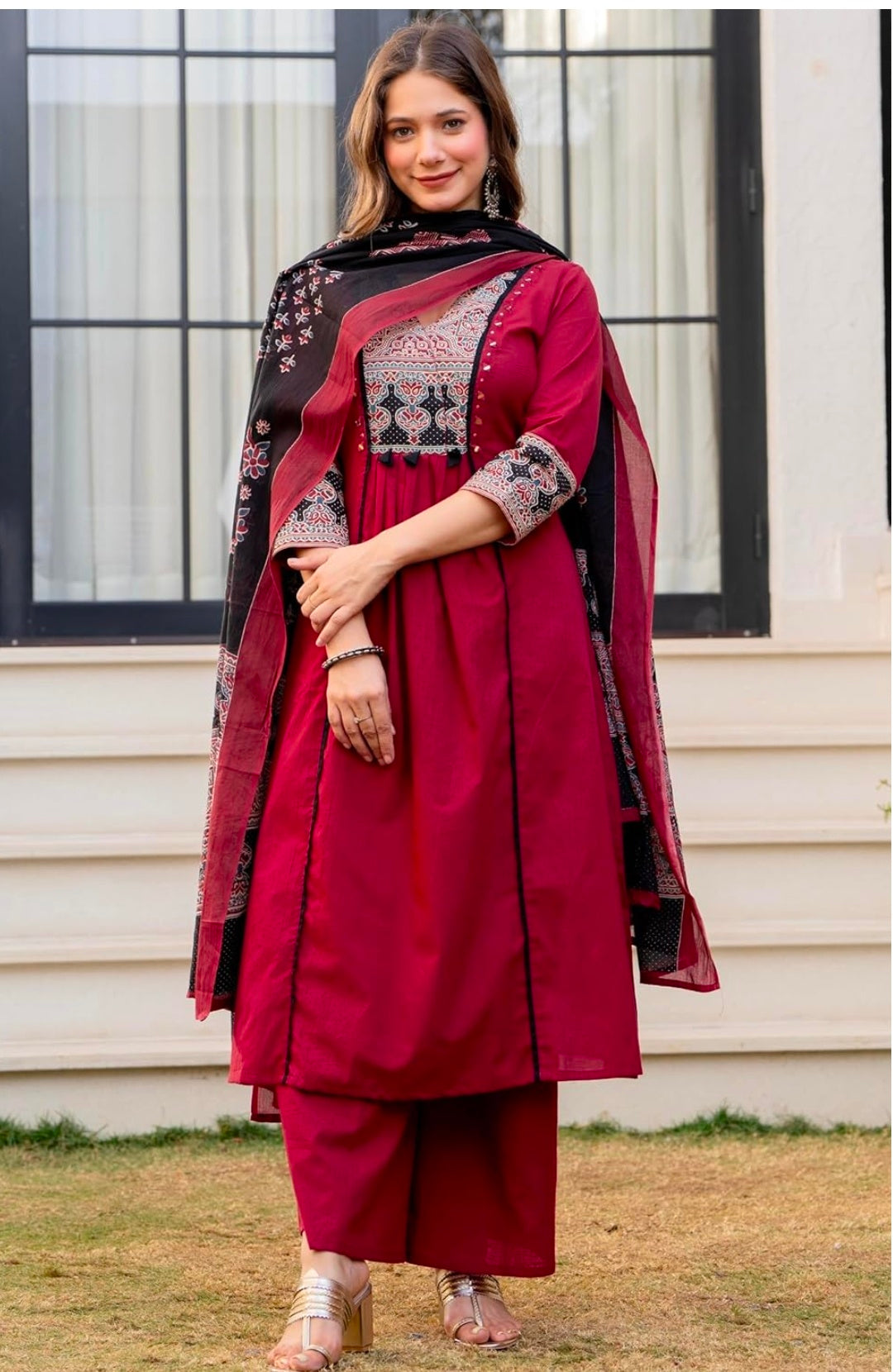 Pure Cotton A-Line Kurta Set with Palazzo Pants & Dupatta