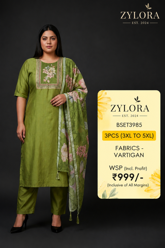 Zylora Women's Plus Size Embroidered Kurta Set with Dupatta Green