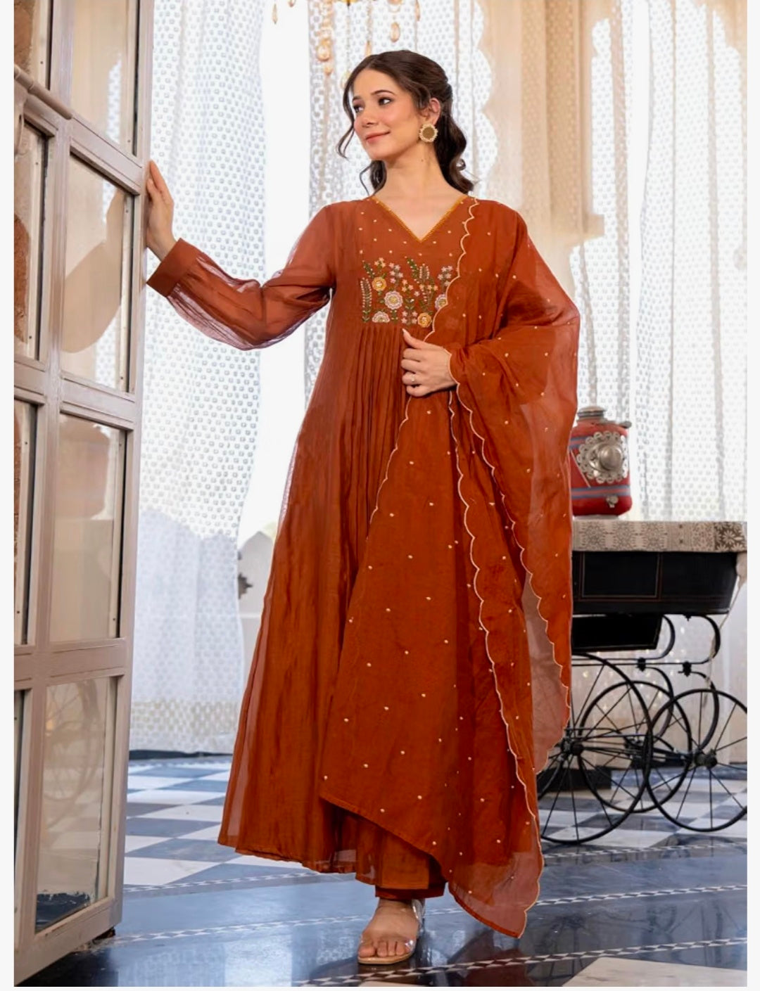 Embroidery Solid Anarkali Kurta Pant Set& Dupatta