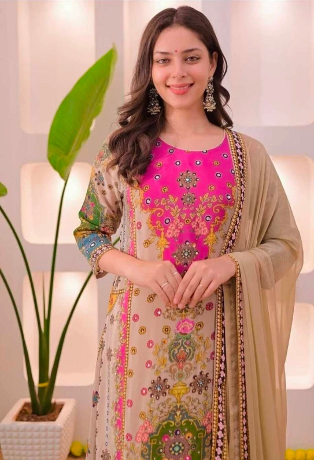 Multicolor Embroidered Viscose Kurti Palazzo Dupatta Set | Style Code 20177 CREAM M | 3 Piece Festive Wear`-
