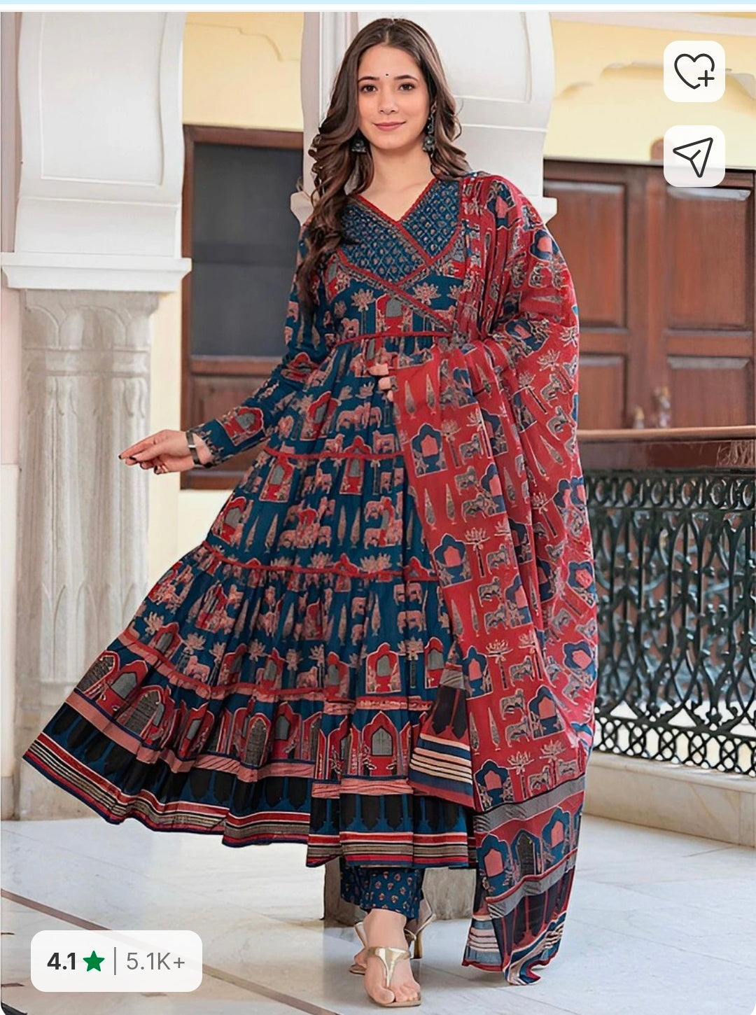 Jaipuri Print Angrakha Pattern Anarkali Kurta Pant with Dupatta for Women