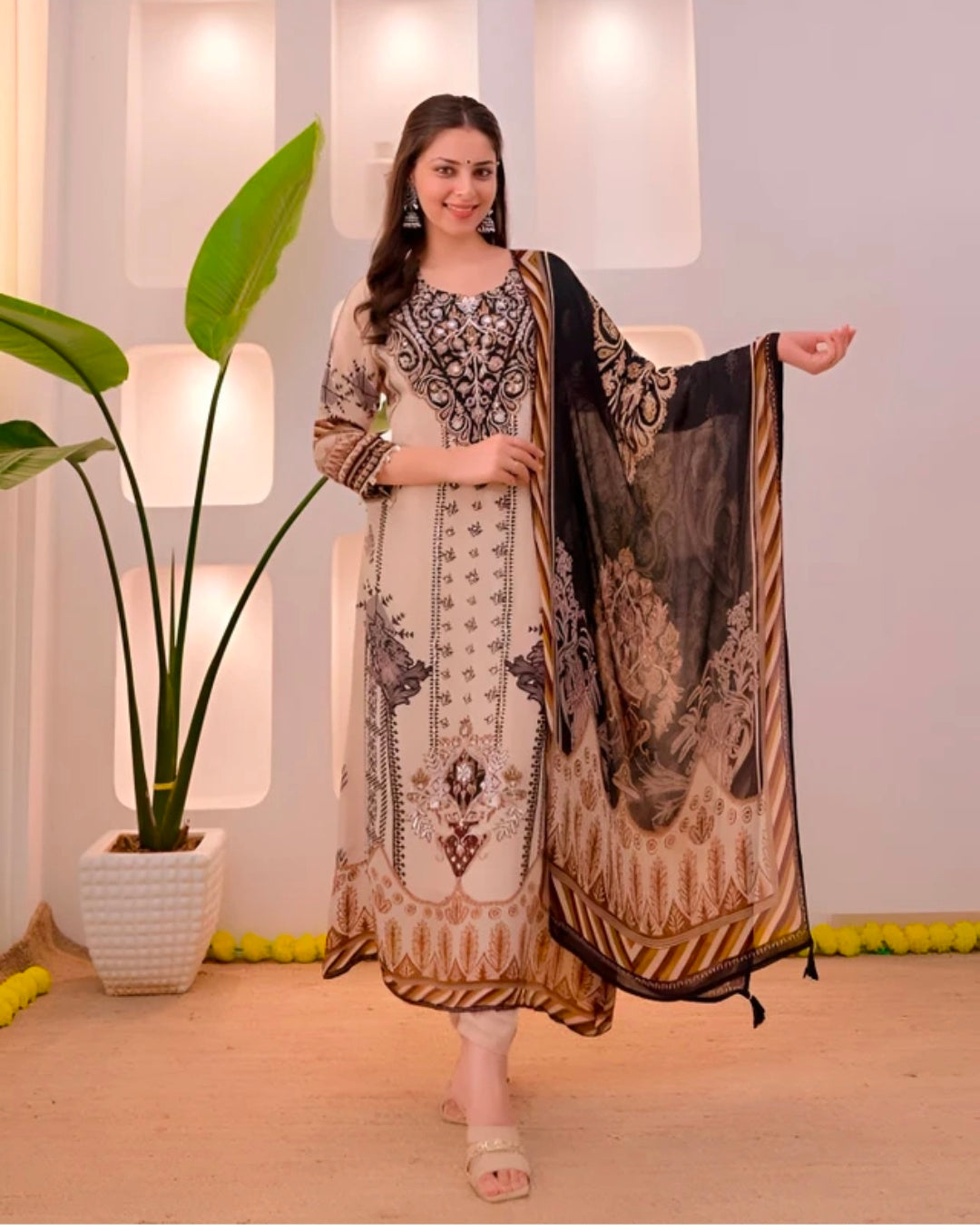 Multicolor Printed Viscose Kurta Khadi Pant Dupatta Set