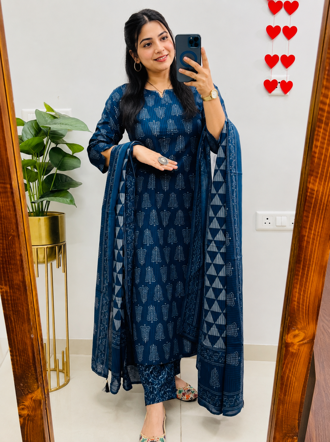 Cotton Blend Dark Blue Printed Kurti Pant Dupatta Set