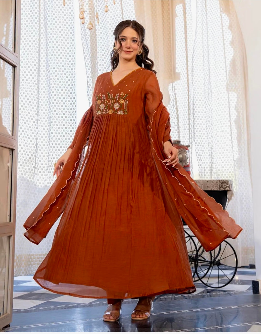 Embroidery Solid Anarkali Kurta Pant Set& Dupatta
