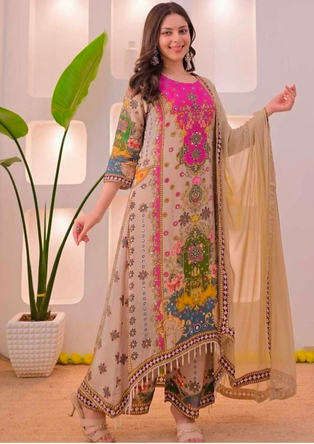 Multicolor Embroidered Viscose Kurti Palazzo Dupatta Set | Style Code 20177 CREAM M | 3 Piece Festive Wear`-