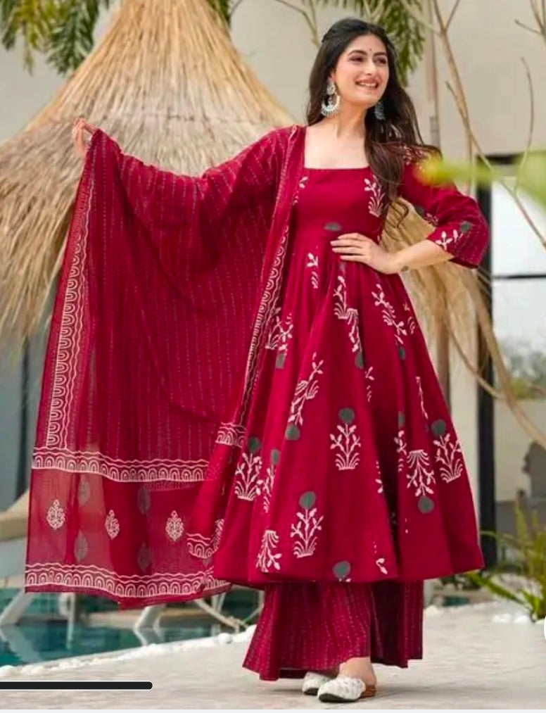 Casual + Cotton Blend + Kurta Pant Dupatta Set + 3 Piece + Calf Length