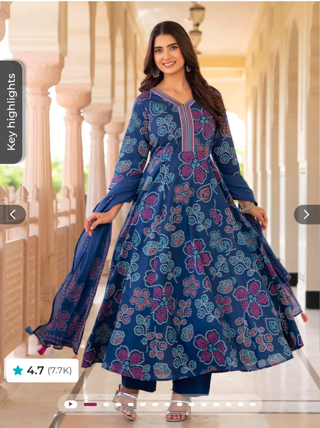 Blue Floral Soft Cotton Anarkali Kurta with Straight Trouser Set