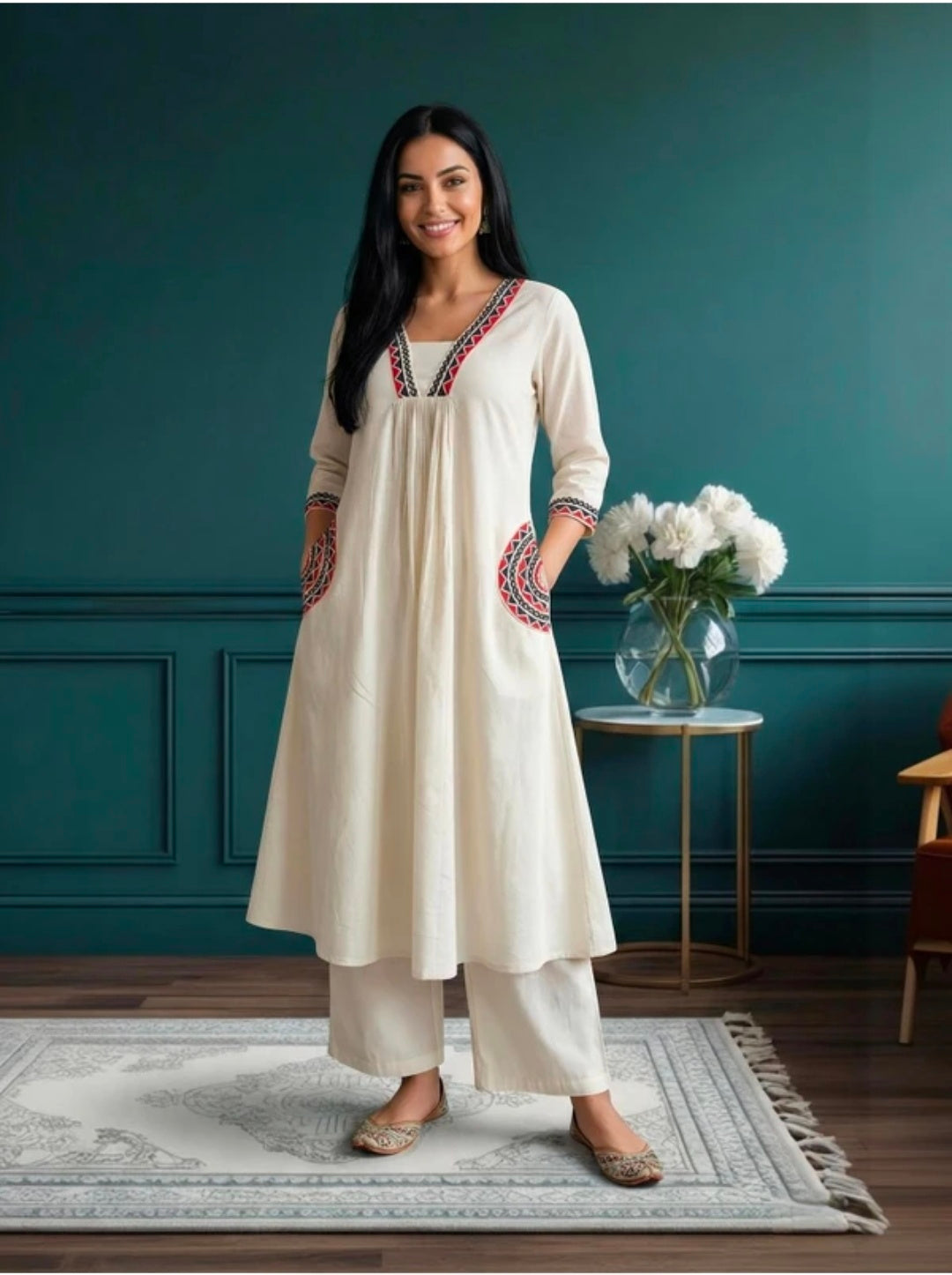 Embroidered Khadi Cotton Kurta Pant Set