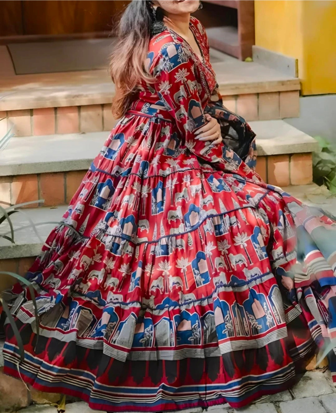 Jaipuri Print Angrakha Pattern Anarkali Kurta Pant with Dupatta for Women
