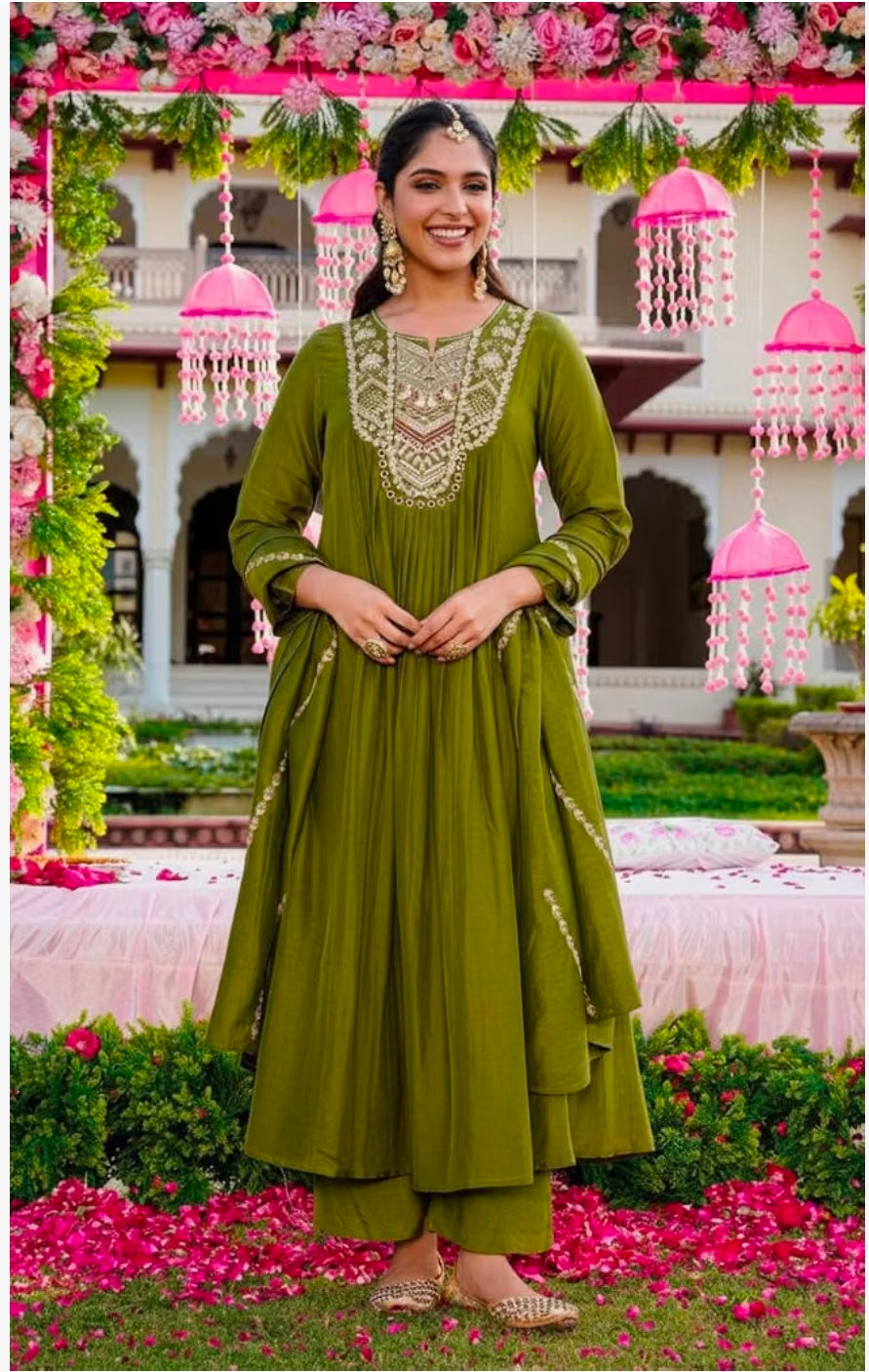 Embroidery Solid Anarkali Kurta and Pant Set with Dupatta