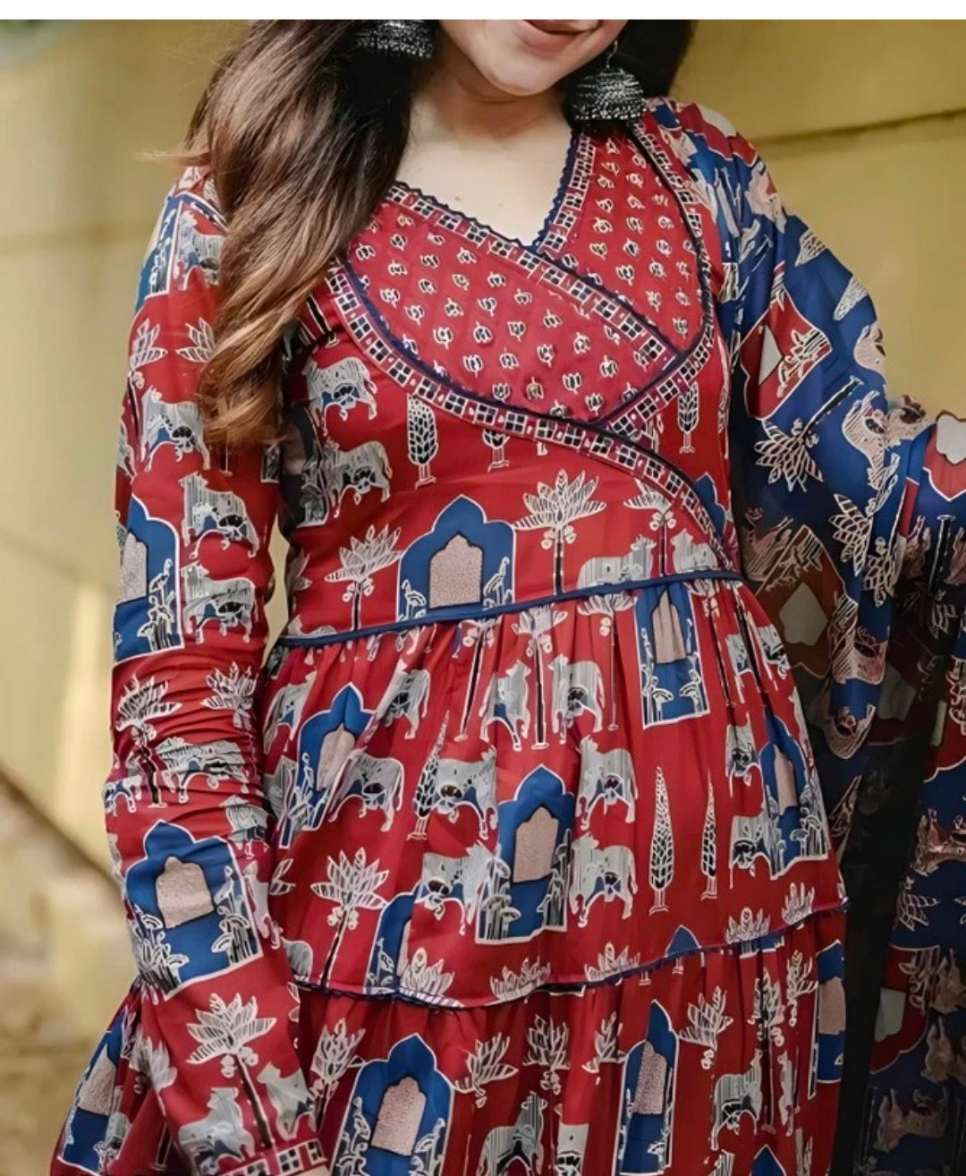 Jaipuri Print Angrakha Pattern Anarkali Kurta Pant with Dupatta for Women